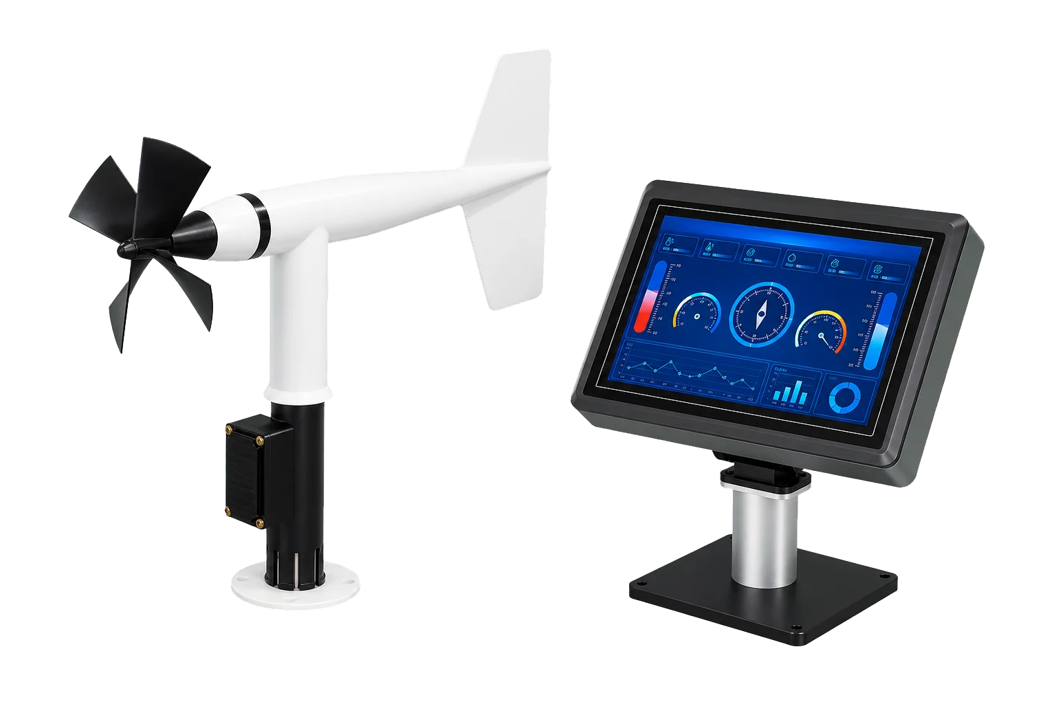 AeroSense-WS70 wind sensor with marine touchscreen display three-quarter left view