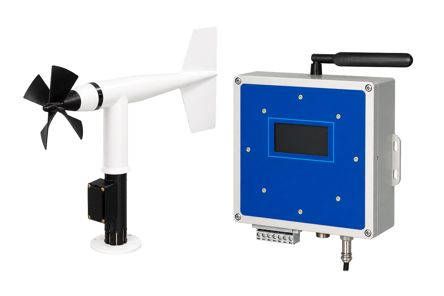 AeroSense-Mini60 wind sensor with AeroSense-Alert alarm controller three-quarter left view