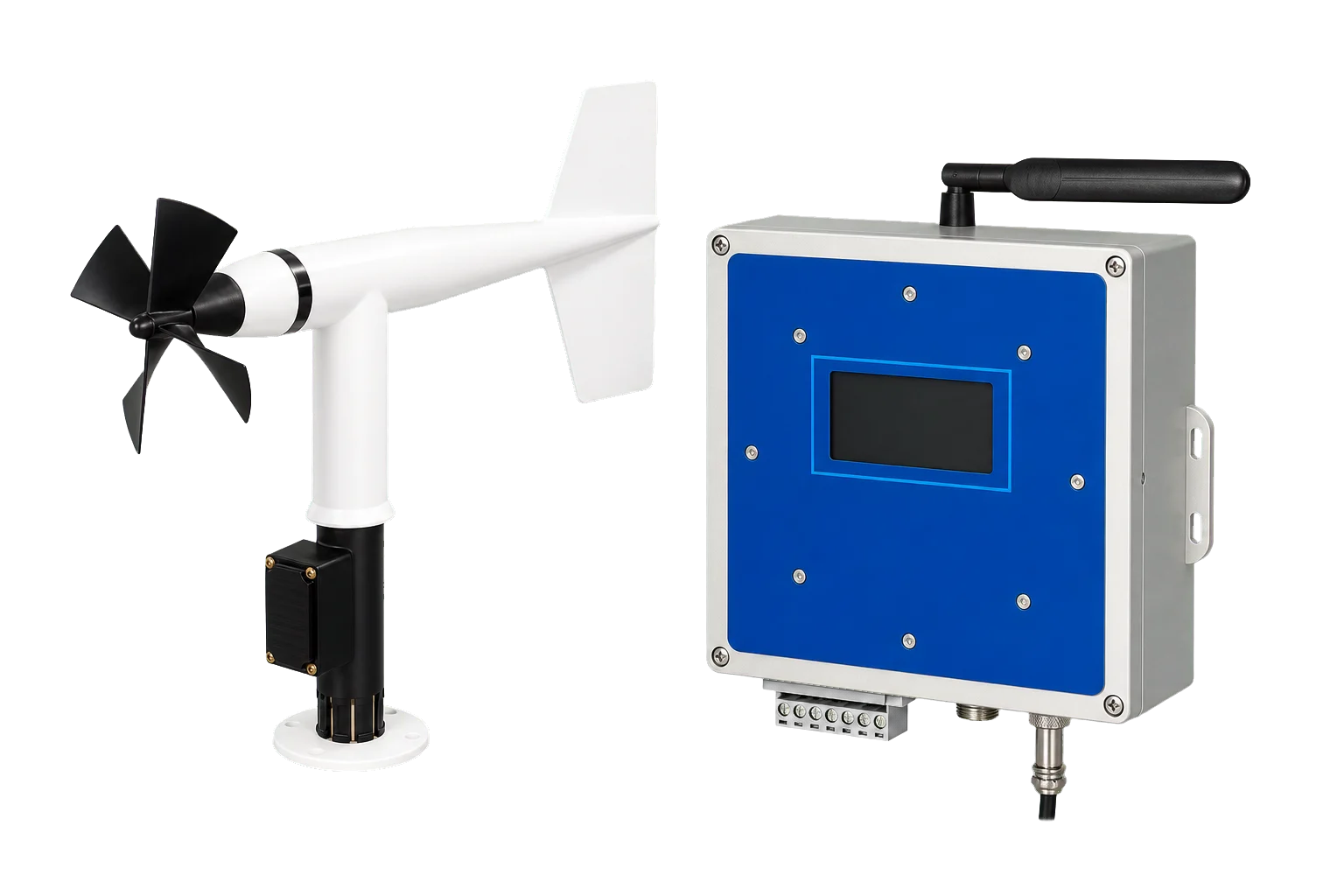 AeroSense-Mini60 wind sensor with AeroSense-Alert alarm controller three-quarter left view